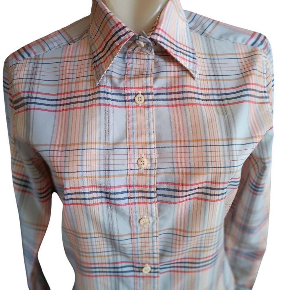 Vintage Womens Medium Top Button-Up Boho 70's Plaid Shirt Long Sleeve